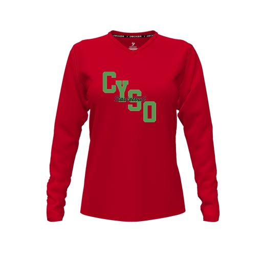 [CUS-DFW-TEES-CMF-VNK-LSL-RED-FYXS-LOGO1] Decker Comfort T-Shirt (Female Youth XS, Red, V Neck, Logo 1, Long Sleeve)