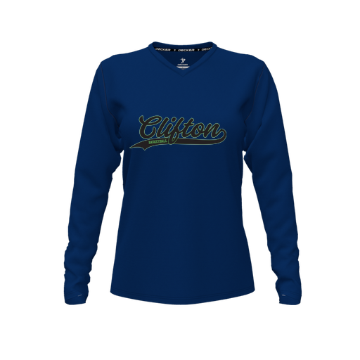 [CUS-DFW-TEES-PER-VNK-LSL-NVY-FYXS-LOGO2] Performance T-Shirt (Female Youth XS, Navy, V Neck, Logo 2, Long Sleeve)