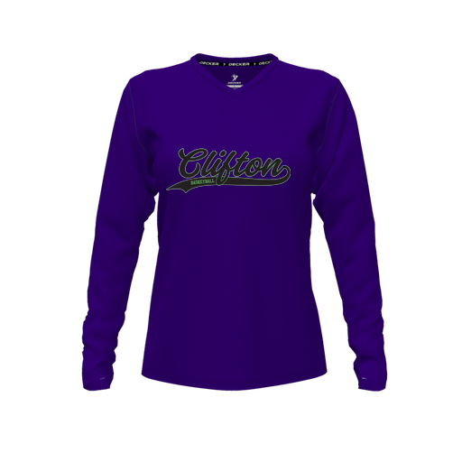 [FTLVPTPP-FYXS-LOGO2] Decker Performance T-Shirt (Female Youth XS, Purple, V Neck, Logo 2, Long Sleeve)